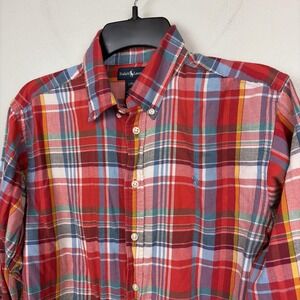 Ralph Lauren Shirt Boys 16 L Red‎ Plaid Long Sleeve Button Down Cotton Pony